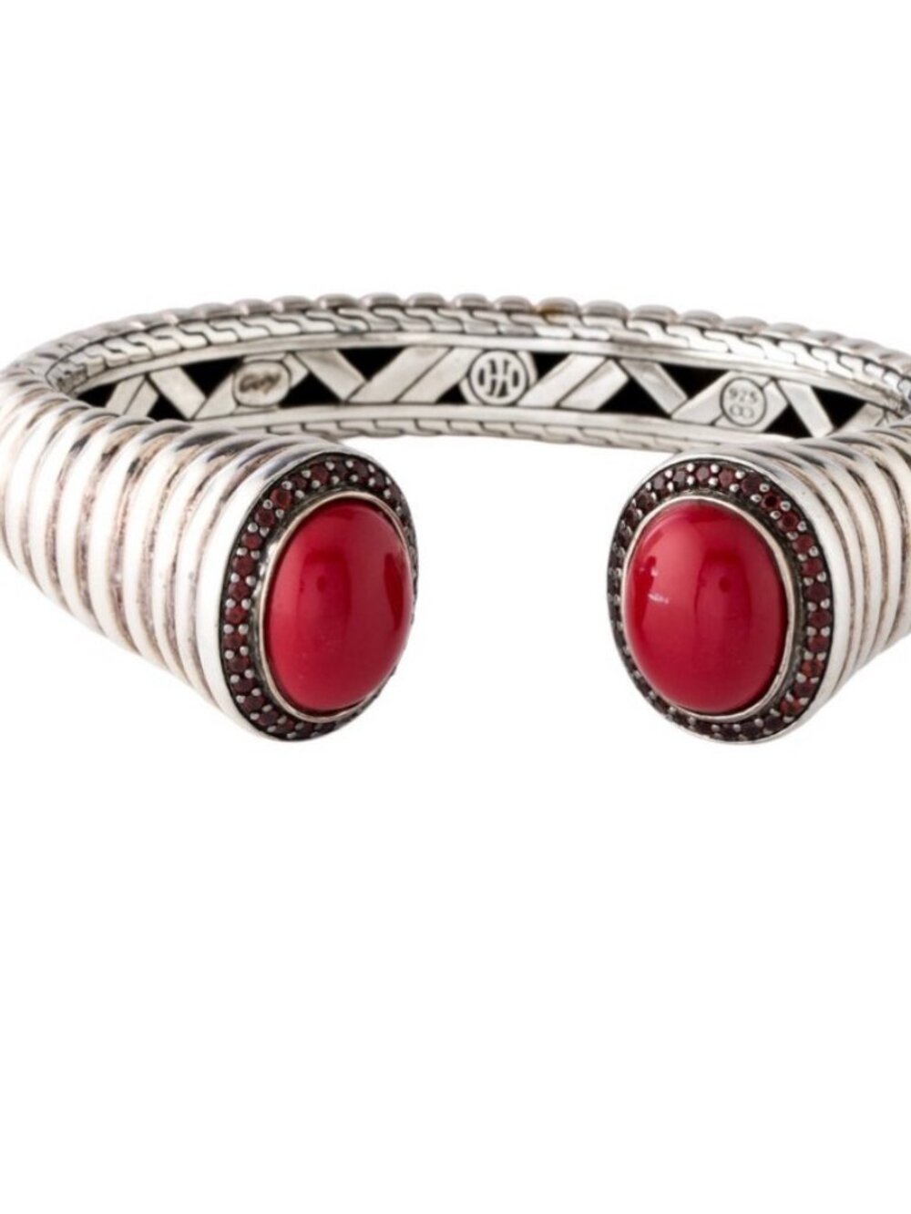 JOHN HARDY STERLING SILVER 925 CORAL & GARNET KICK CUFF BRACELET